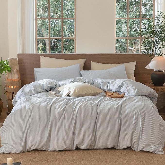 MooMee Striped Duvet Cover Set 100% Washed Cotton Linen Like Textured Breathable Durable Soft Comfy (Cornflower Blue White Pinstripes, Super Queen 90"x98")