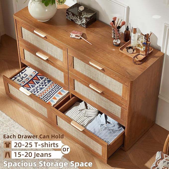 LEYAOYAO Rattan Dresser and Nightstand Set of 2, Boho Wood Dresser for Bedroom with 6 Drawers and Night Stand with Charging Station, Bedroom Furniture, Dressers & Chests of Drawers,Living Room,Hallway