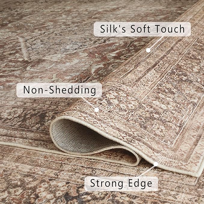 vivorug 9x12 Area Rugs for Living Room, Non Slip Machine Washable Vintage Rug, Ultra-Thin Lightweight Large Area Rug for Bedroom, Dining Room, Low Pile Brown Rug