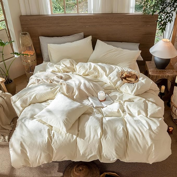 MooMee Wavy Striped Duvet Cover Set 100% Washed Cotton Linen Like Textured Breathable Durable Soft Comfy (Cream White, Palatial King/Oversized King 120"x98")