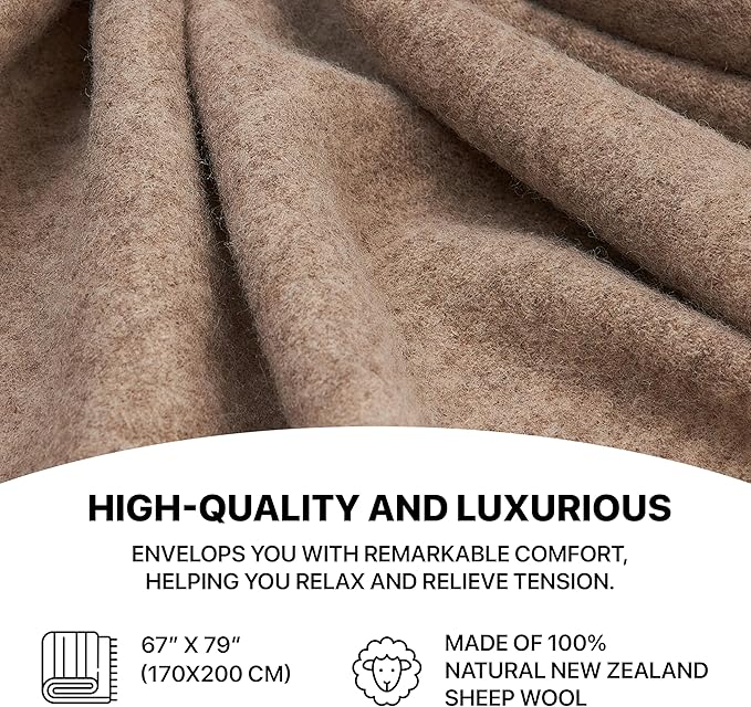 | Wool Blanket/Throw | 100% New Zealand Wool | Perfect for Home and Outdoors | Virgin Wool Throw with Fringes 67"x79" (170 x 200 cm)