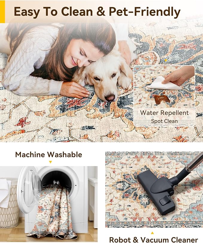 Area Rugs 3'x4' Washable Non-Slip, Floral Vintage Distress Print Pattern Medallion Carpet for Living Room Bedroom Dining Room, Beige Navy Blue Orange Colorful