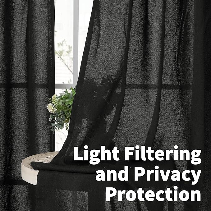 YoungsTex Linen Black Curtains 84 inch Length 2 Panels for Living Room, Light Filtering Drapes with Bronze Grommet Semi Sheer Gothic Decorative for Dining Bedroom, 52 X 84 Inch
