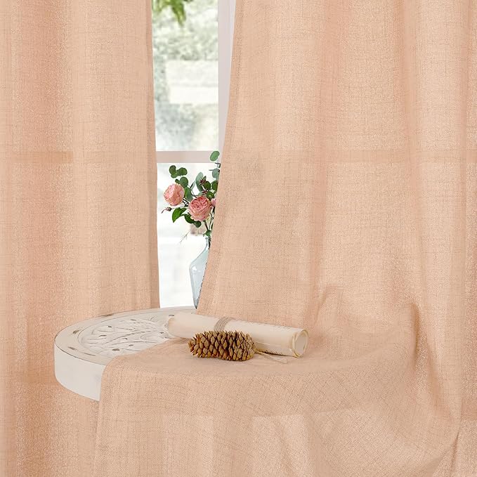 YoungsTex Linen Curtains 63 Inches Length for Living Room, Light Filtering Textured Short Window Drapes with Bronze Grommet Privacy for Bedroom Bathroom, Peach, 42 x 63 Inch, 2 Panels
