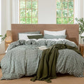 MooMee Gingham Duvet Cover Set 100% Washed Cotton Linen Like Textured Breathable Durable Soft Comfy Modern Checkered Design (Forest Green Gingham, Super King 108"x98")