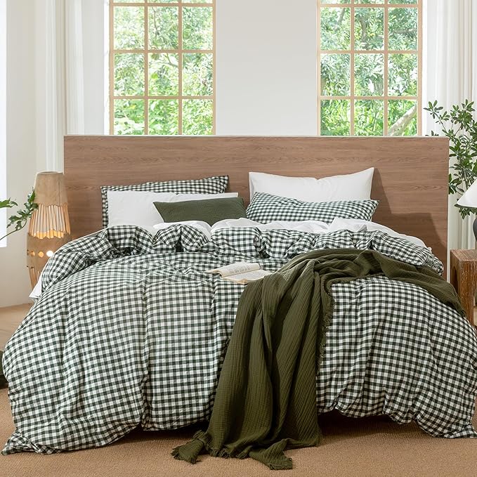 MooMee Gingham Duvet Cover Set 100% Washed Cotton Linen Like Textured Breathable Durable Soft Comfy Modern Checkered Design (Forest Green Gingham, Queen 90"x90")