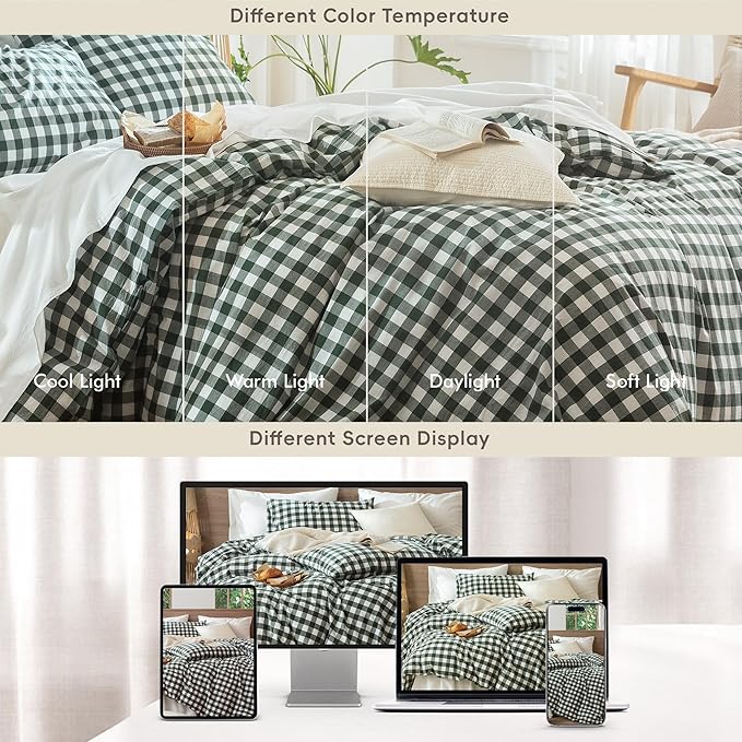 MooMee Gingham Duvet Cover Set 100% Washed Cotton Linen Like Textured Breathable Durable Soft Comfy Modern Checkered Design (Buffalo Plaid Forest Green, Oversized Full 82"x86")