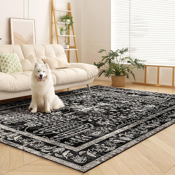 Area Rugs 6x9, Machine Washable Rugs 6x9 Black Large Rug Indoor Floor Non Silp Carpet Distressed Vintage Rug for Bedroom Dining Room Home Office | Black
