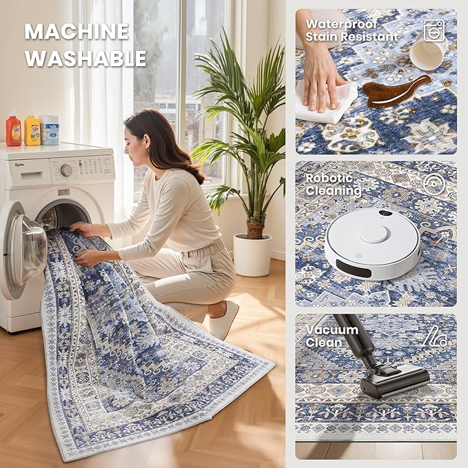 zesthome Washable Runner Rug 2.5x14 - Stain Resistant Entryway Rug,Ultra-Thin Kitchen Rugs, Anti Slip Backing Runner Rugs for Entrance Laundry Room Indoor Hallway (Blue/Beige,2.5'x14')