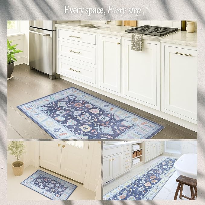 Fame Rugs Navy Blue Modern Oushak Rug 9x12, Vintage Turkish Colorful Oriental Washable Antique Inspired Oversize Area Rugs, Luxury Living Room Bedroom (386PBL, 9' x 12) (388NB, 9' x 12)
