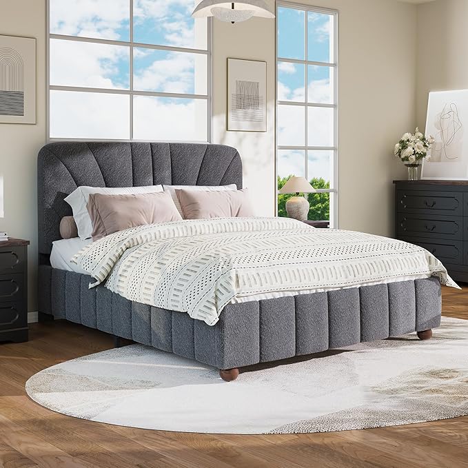 Queen Size Boucle Bed Frame Upholstered Bed Frame Queen with Adjustable Headboard, Solid Wood Slats Support, Bed for Bedroom Apartment, Dorm, No Box Spring Needed, Easy Assembly, Noise-Free, Grey