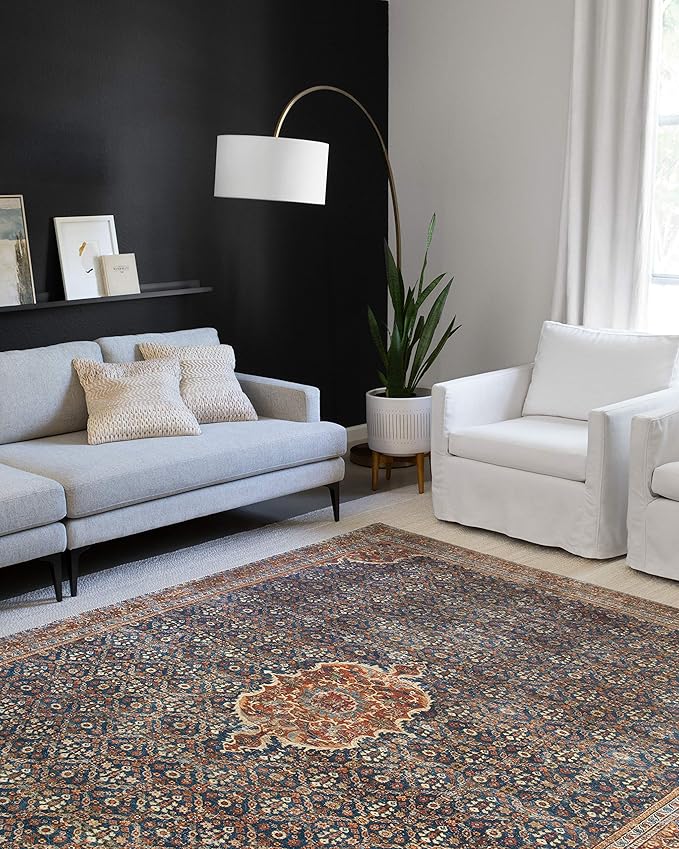 Loloi Layla Collection LAY-09 Cobalt Blue/Spice 2'-3" x 3'-9" .13" Thick Accent Rug, Soft, Durable, Vintage Inspired, Distressed, Low Pile, Non-Shedding, Easy Clean, Printed, Living Room Rug