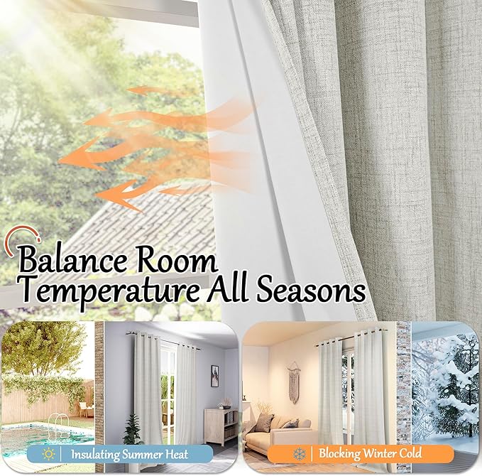 100% Blackout Curtains for Living Room 90 Inch Length 2 Panels Set, Thermal Insulated Light Blocking Boho Faux Linen Window Curtains for Bedroom, Bronze Grommet, Each 52" Wide, Light Grey