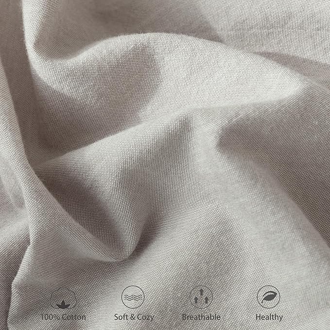 MooMee Fitted Bottom Sheet Only 100% Washed Cotton Linen Like Textured Breathable Durable Soft Comfy Deep Pocket Fits Mattress up to 17" (Natural Linen, Queen)