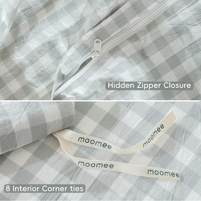MooMee Gingham Duvet Cover Set 100% Washed Cotton Linen Like Textured Breathable Durable Soft Comfy Modern Checkered Design (Northern Droplet Grey Gingham, Full 80"x90")