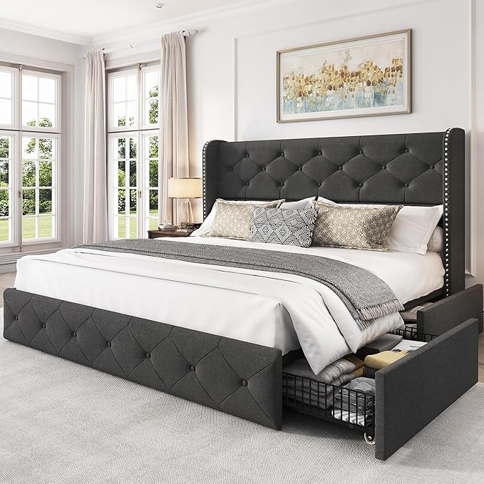LARMACE Full Size Bed Frame with 4 Storage Drawers and Wingback Headboard Linen Upholstered Platform Bed Frame Tufted Beds with Wooden Slats Support, Easy Assembly, Dark Grey