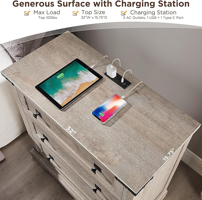T4TREAM 32" Farmhouse Nightstand with Charging Station, Large End Table with 3 Storage Drawers, Rustic Wood Bedside Table for Bedroom, Living Room, Light Rustic Oak