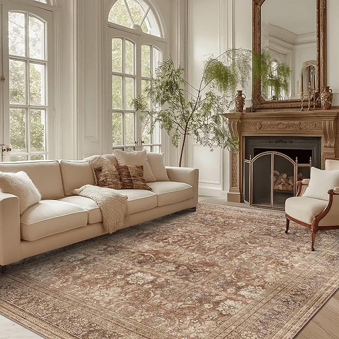 vivorug 8x10 Area Rugs for Living Room, Non-Slip Backing Washable Rug 8x10, Large Area Rug Soft Carpet for Bedroom Dining Room, Vintage, Easy Clean, Durable, Low Pile Rug Under Table, Brown