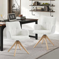 Art Leon Mid Century Swivel Chair - Boucle Fabric Upholstered Desk Chair No Wheels, Accent Armchair with Oak Wood Legs for Small Space Living Room Bedroom, Set of 2, Off White
