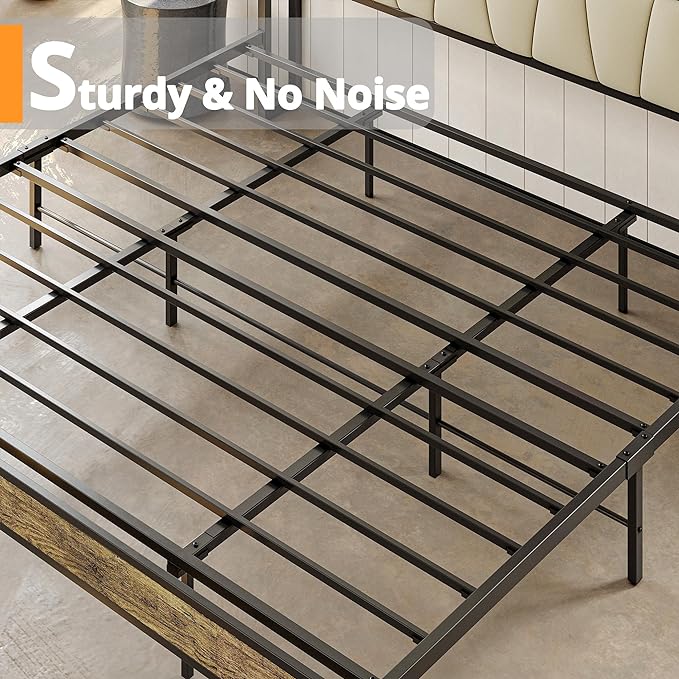 LIKIMIO King Bed Frame, Storage Headboard with Charging Station, Solid and Stable, Noise Free, No Box Spring Needed, Easy Assembly (Walnut and Beige)