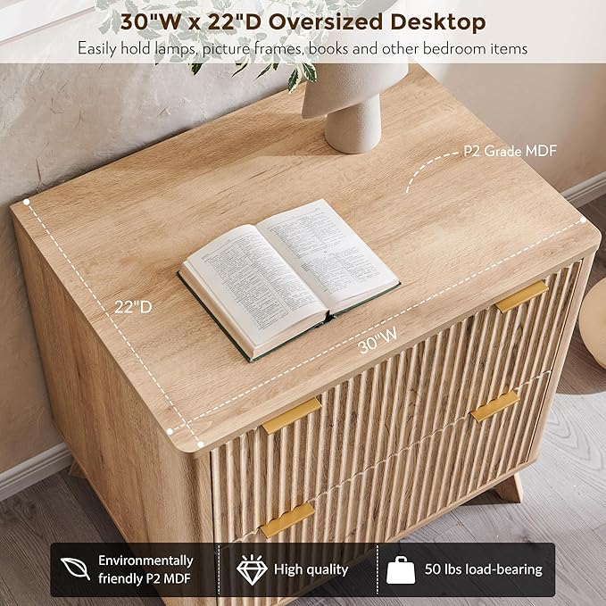 T4TREAM Fluted Night Stand Set 2, 30" Tall Bedside Table with 2 Drawers & Large Tabletop, Modern Wood Side Tables Bedroom, End Table for Living Room, Natural Oak