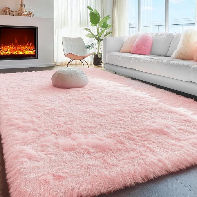 PAGISOFE 3x5 Pink Fluffy Shag Area Rugs for Bedroom, Bedside Preppy Dorm Area Rug, Soft Fuzzy Shaggy Rugs for Living Room Girls/Kids Bedroom Nursery Home Decor, Anti-Skid Durable Rectangular Fuzzy Rug