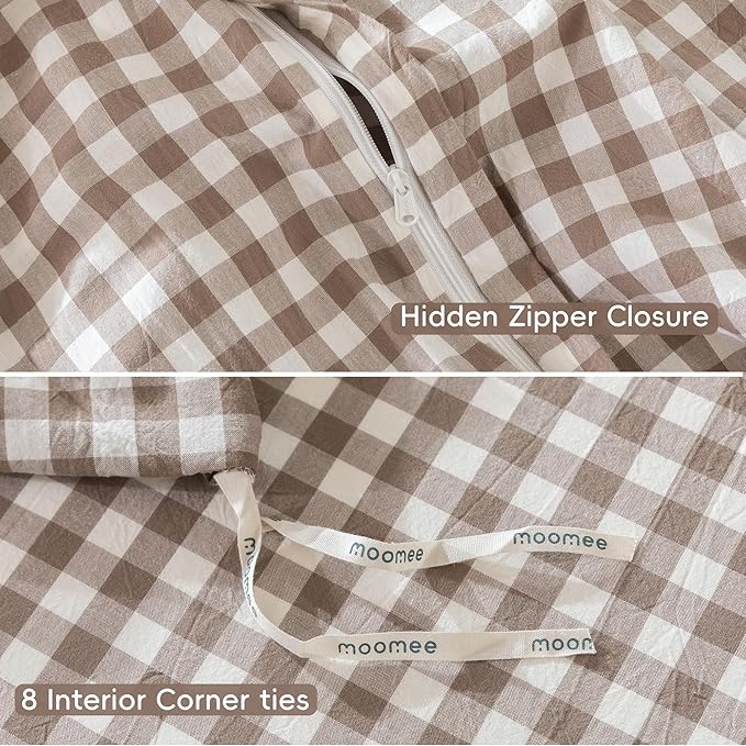 MooMee Gingham Duvet Cover Set 100% Washed Cotton Linen Like Textured Breathable Durable Soft Comfy Modern Checkered Design (Brown Gingham, Cal King 104"x98")