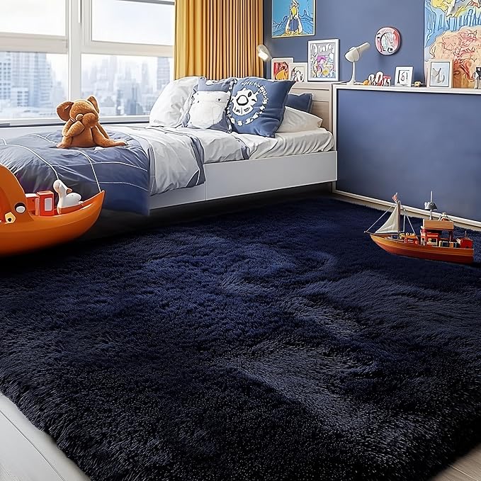 PAGISOFE Dark Navy Blue Rugs for Living Room 5x7 Ft, Plush Area Rugs for Bedroom, Non-Shedding, Indoor Furry Floor Rugs for Nursery Playroom, Shag Carpet for Kids Room Decor Aesthetic, Dark Blue