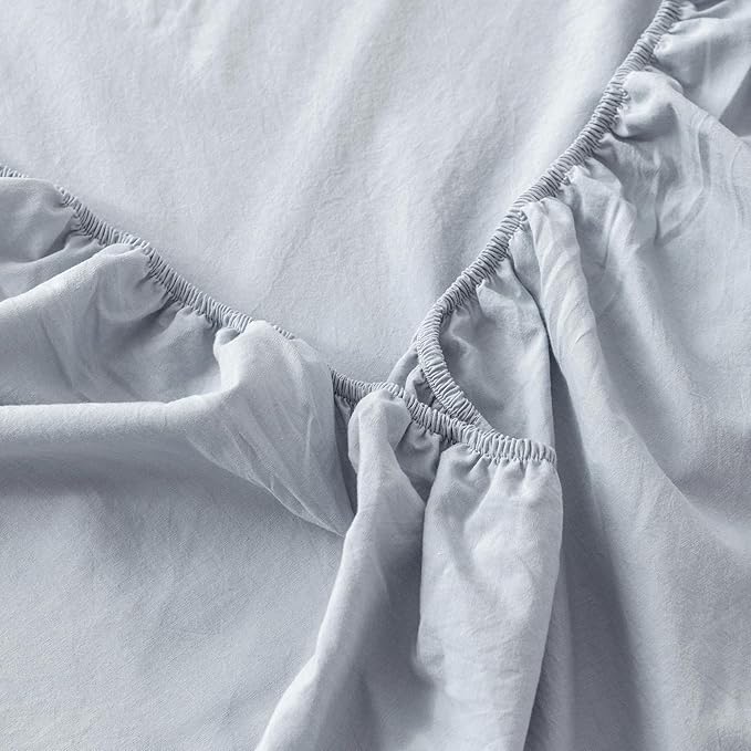 MooMee Fitted Bottom Sheet Only 100% Washed Cotton Linen Like Textured Breathable Durable Soft Comfy Deep Pocket Fits Mattress up to 17" (Cornflower Blue, King)