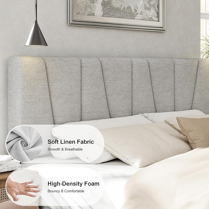 Queen Size Bed Frame with Fabric Upholstered Headboard, Platform Bed with Wooden Slats Support, Fully Mattress Foundation, Box Spring Optional, Easy Assembly