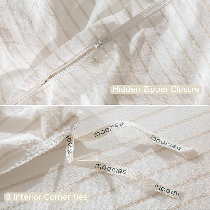 MooMee Striped Duvet Cover Set 100% Washed Cotton Linen Like Textured Breathable Durable Soft Comfy (White Almond Milk Grey Wide Stripes, Cal King 104"x98")