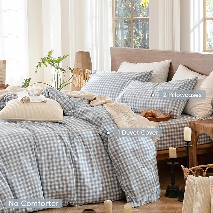 MooMee Gingham Duvet Cover Set 100% Washed Cotton Linen Like Textured Breathable Durable Soft Comfy Modern Checkered Design (Classic Gingham Cornflower Blue, Full 80"x90")