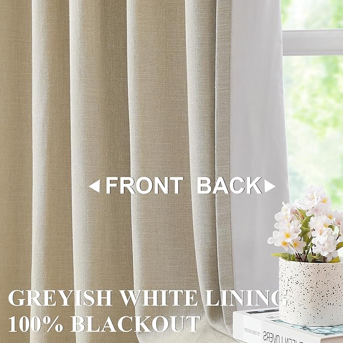 Vision Home Sand Linen Full Blackout Curtains 90 inch Long for Bedroom Living Room Darkening Soundproof Window Panels Thermal Insulated Rod Pocket Back Tab Neutral Drapes 56" Wx90 Lx2
