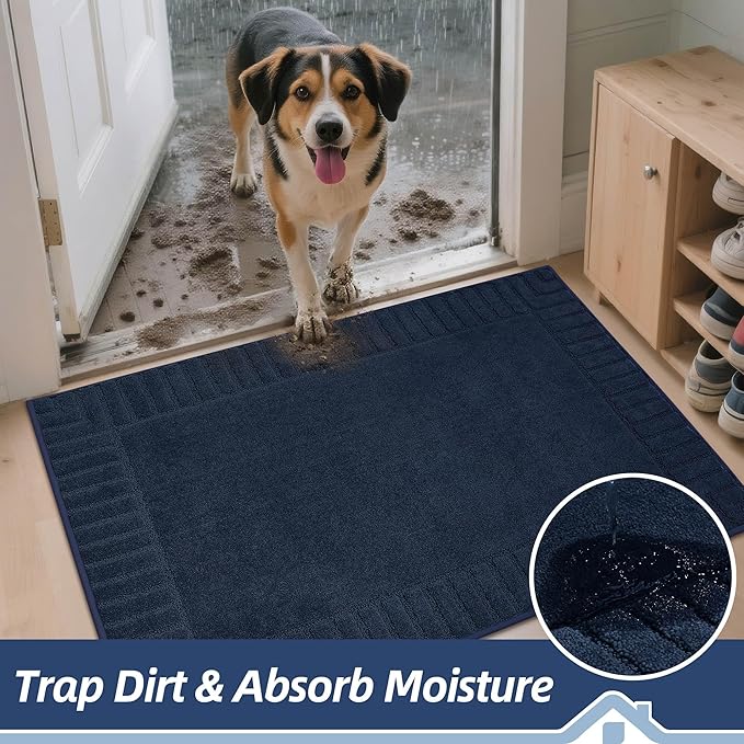 BEQHAUSE Door-Mat-Non-Slip Front Door Mat Washable Low-Profile Entrance Rugs for Front Door Entry Dirt Trapper Door Mats Absorbent Welcome Mats,20"x32", Navy Blue