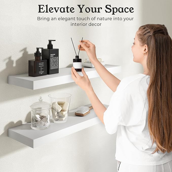 Floating Shelves for Wall, 9.3" Deep Wall Mounted Wood Shelves for Bathroom, Bedroom, Living Room, Kitchen, Hanging Shelf for Books/Storage/Room Decor (White, 36")