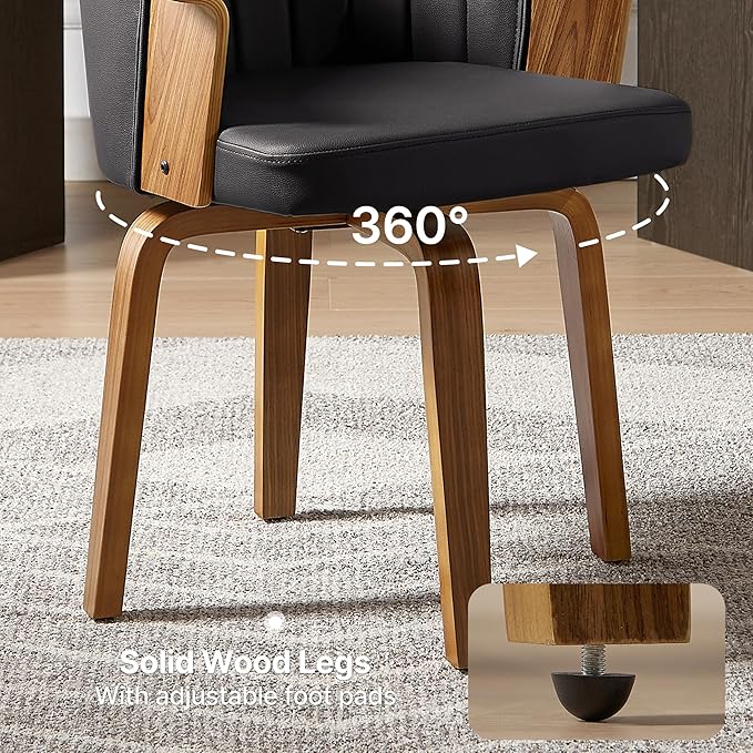 Art Leon Swivel Dining Chairs, Set of 2, Mid Century Modern Faux Leather Upholstered Kitchen Dining Room Chairs, Accent Desk Chairs with Wood Legs, Black/Walnut