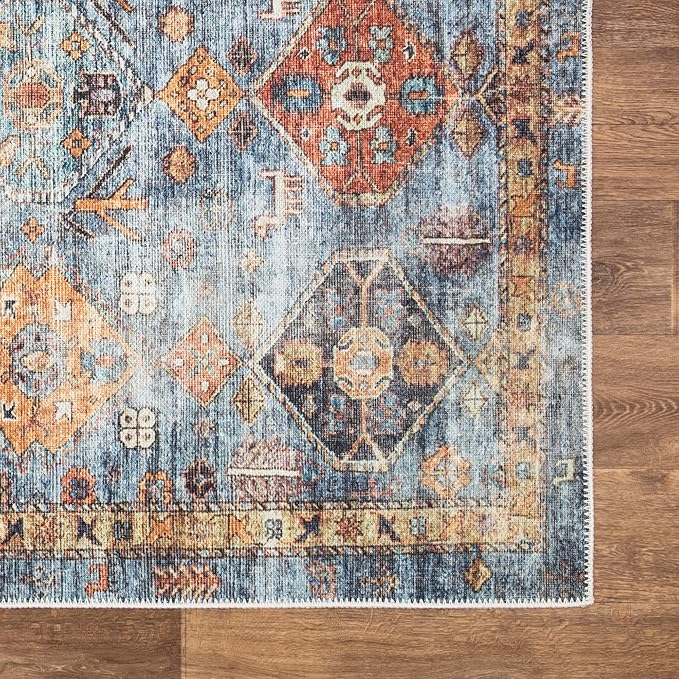 Bloom Rugs Washable Non-Slip 2' x 3' Rug - Blue/Orange Traditional Bordered Area Rug for Living Room, Bedroom, Dining Room, and Kitchen - Exact Size: 2' x 3'