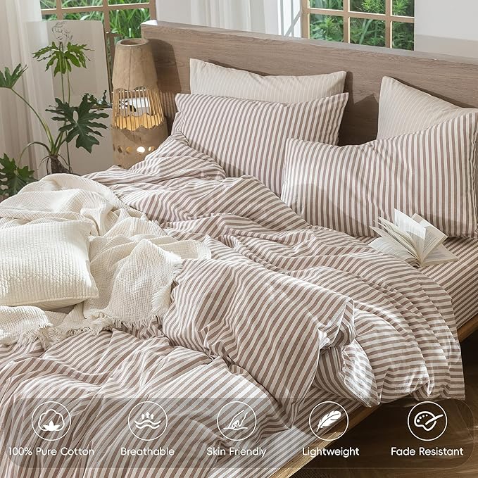 MooMee Striped Duvet Cover Set 100% Washed Cotton Linen Like Textured Breathable Durable Soft Comfy (Orange Classic Stripes, Palatial King/Oversized King 120"x98")
