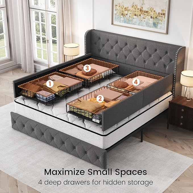 LARMACE Upholstered King Size Bed Frame with 4 Storage Drawers and Wingback Headboard Tufted Platform Bed Frame Linen Beds with Wooden Slats Support, Easy Assembly, Light Grey