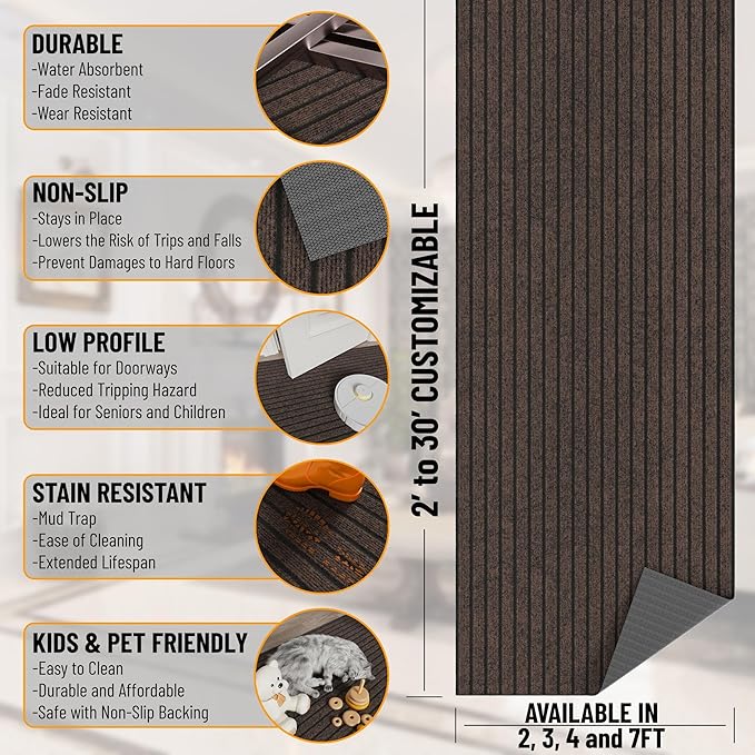 Ottomanson 2'7" x 30' Hallway Runner with Scraper Pile - Extra Durable Non-Slip Rug Mat for Indoor & Outdoor Use - Ideal for Kitchen, Entryway & Garage - High-Traffic Carpet, Brown