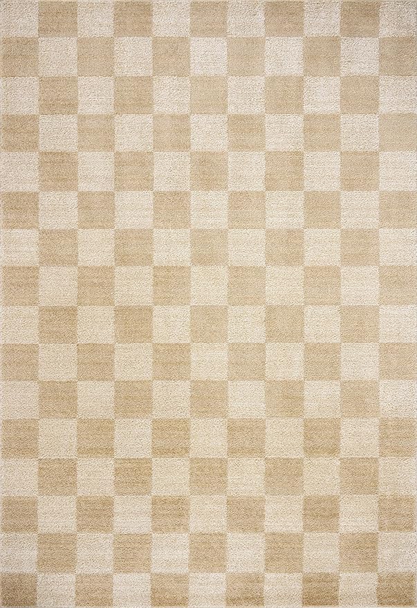 Loloi Chris Loves Julia Calvin Collection CLV-01 Wheat/Ivory 5'-3" x 5'-3" Round Area Rug Checkered Neutral Soft Living Room Bedroom Carpet