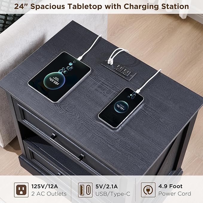 ACCOHOHO 24" Farmhouse Nightstand Set of 2 with Charging Station, 2 Drawers Large Bedside Table with Open Shelf, Rustic End Table for Bedroom - Black