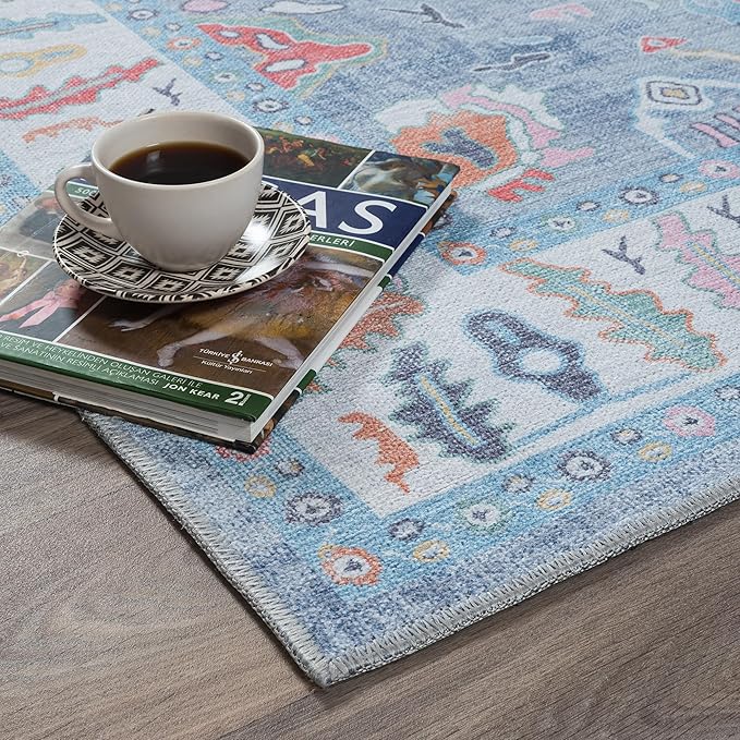 Fame Rugs Blue Modern Oushak Rug 2'6"x10, Vintage Turkish Colorful Oriental Antique Inspired Foldable Long Washable Runner Rugs, Luxury Living Room Bedroom (381LB, 2'6" x 10')
