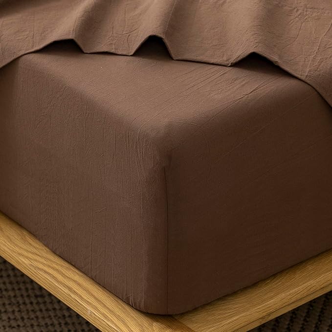MooMee Fitted Bottom Sheet Only 100% Washed Cotton Linen Like Textured Breathable Durable Soft Comfy Deep Pocket Fits Mattress up to 17" (Cocoa Brown, King)