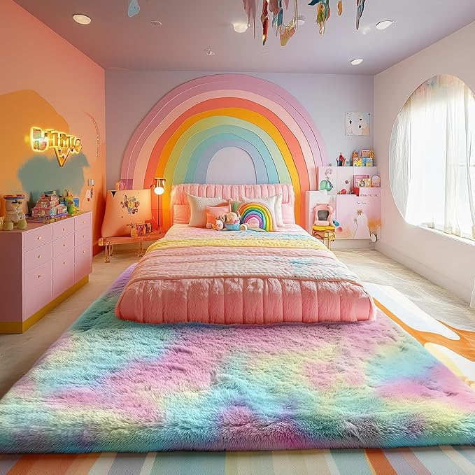 PAGISOFE 8x10 Rainbow Large Area Rug,Plush Rugs for Bedroom Girls,Shaggy Carpet for Kids Room,Fuzzy Nursery Rug for Baby's Toddler's Room,Clorful Room Decor for Teenage Pastel Princess Rug