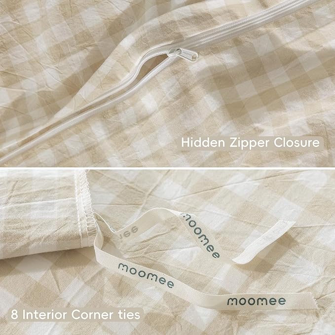 MooMee Gingham Duvet Cover Set 100% Washed Cotton Linen Like Textured Breathable Durable Soft Comfy Modern Checkered Design (Almond Milk Grey Gingham, King 104"x90")