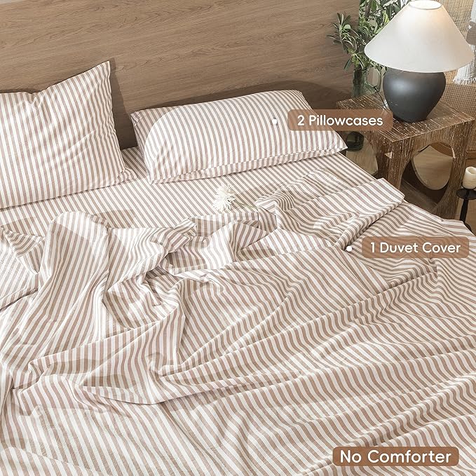 MooMee Striped Duvet Cover Set 100% Washed Cotton Linen Like Textured Breathable Durable Soft Comfy (Orange Classic Stripes, Oversized Queen 98"x98")