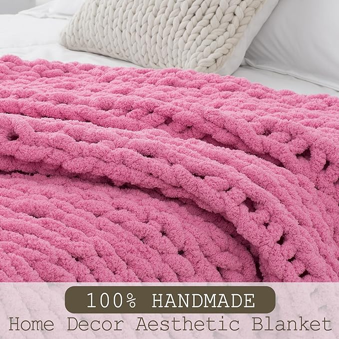 Chunky Knit Throw Blanket 50"X 60", 100% Handmade with Soft Chenille Yarn, 4.4lbs Thick Cable Knitted Blankets, Large Rope Knot Crochet Throws for Couch Sofa Bed Home Decor, Hot Pink