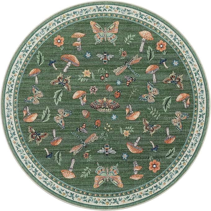 Mushroom Insect 5ft Round Rug Washable Non-Slip Soft Ultra-Thin Small Boho Circle Carpet for Entryway Kitchen Bedroom Nursery Dining Room Green