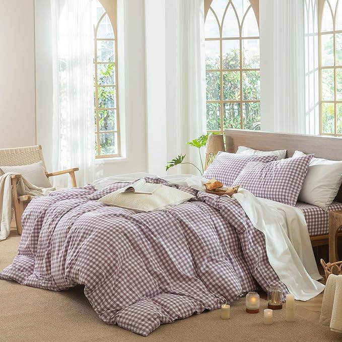 MooMee Gingham Duvet Cover Set 100% Washed Cotton Linen Like Textured Breathable Durable Soft Comfy Modern Checkered Design (Classic Gingham Light Purple, Oversized Full 82"x86")